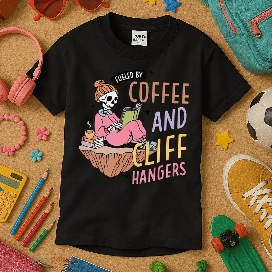 Fueled By Coffee And Cliff Hangers Funny Design Kids T-Shirt