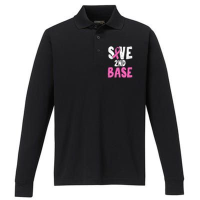 Funny Breast Cancer Awareness Month Save Second 2nd Base Performance Long Sleeve Polo