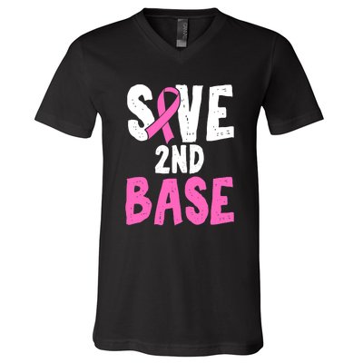 Funny Breast Cancer Awareness Month Save Second 2nd Base V-Neck T-Shirt