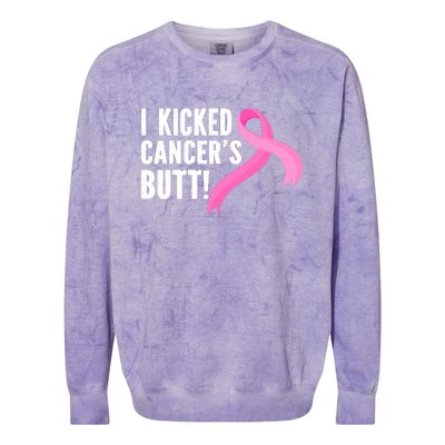 Funny Breast Cancer I Kicked Cancers Butt Design Colorblast Crewneck Sweatshirt