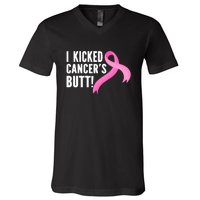 Funny Breast Cancer I Kicked Cancers Butt Design V-Neck T-Shirt