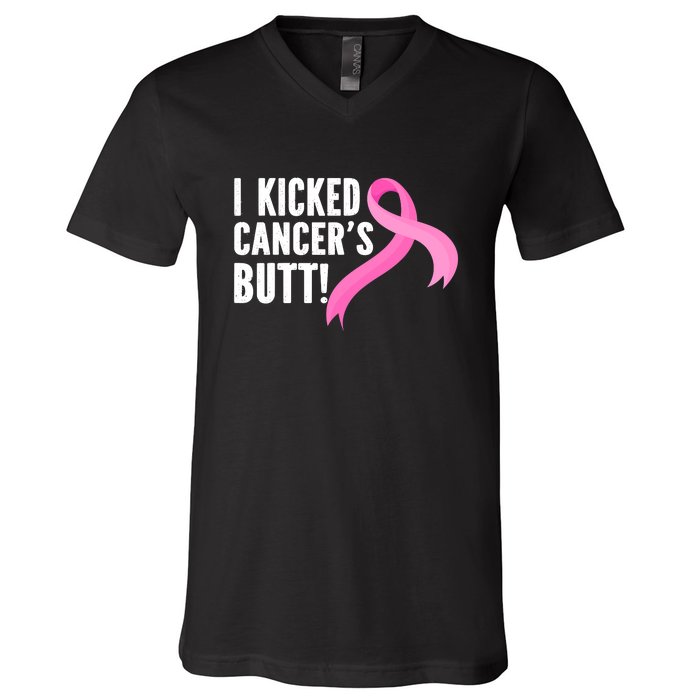 Funny Breast Cancer I Kicked Cancers Butt Design V-Neck T-Shirt