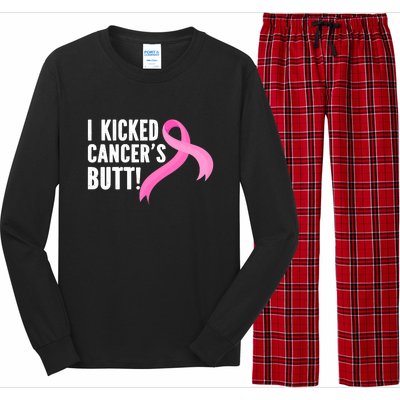 Funny Breast Cancer I Kicked Cancers Butt Design Long Sleeve Pajama Set