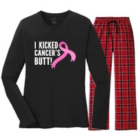 Funny Breast Cancer I Kicked Cancers Butt Design Women's Long Sleeve Flannel Pajama Set 