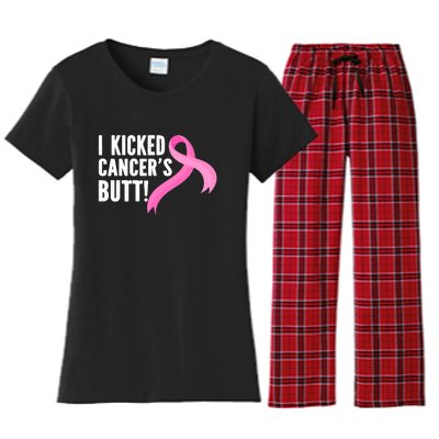 Funny Breast Cancer I Kicked Cancers Butt Design Women's Flannel Pajama Set