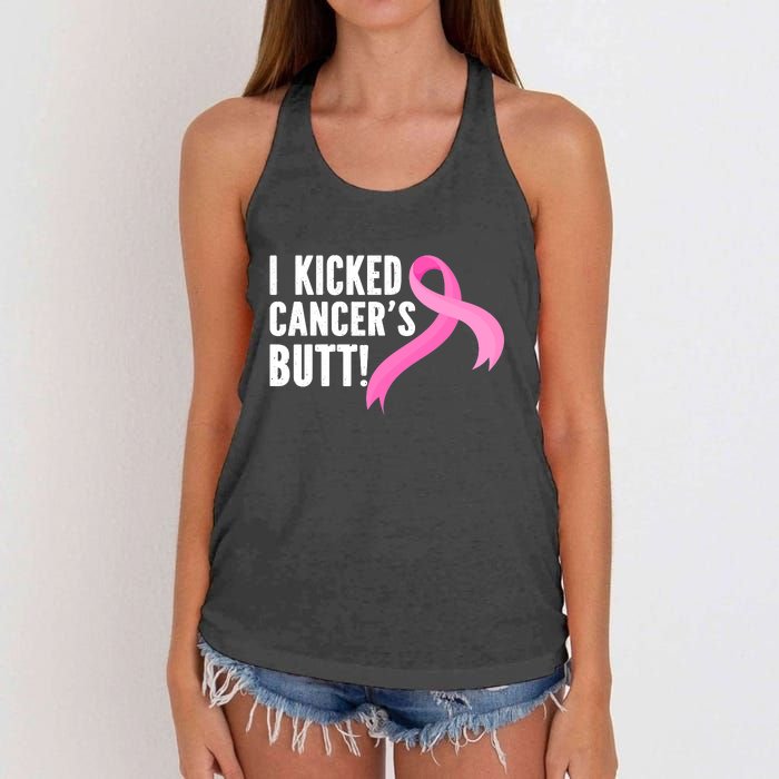 Funny Breast Cancer I Kicked Cancers Butt Design Women's Knotted Racerback Tank