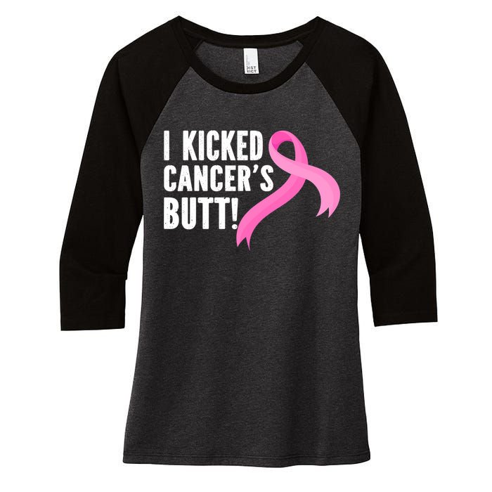 Funny Breast Cancer I Kicked Cancers Butt Design Women's Tri-Blend 3/4-Sleeve Raglan Shirt