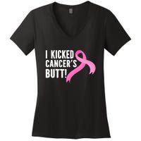 Funny Breast Cancer I Kicked Cancers Butt Design Women's V-Neck T-Shirt