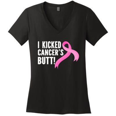 Funny Breast Cancer I Kicked Cancers Butt Design Women's V-Neck T-Shirt