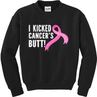 Funny Breast Cancer I Kicked Cancers Butt Design Kids Sweatshirt