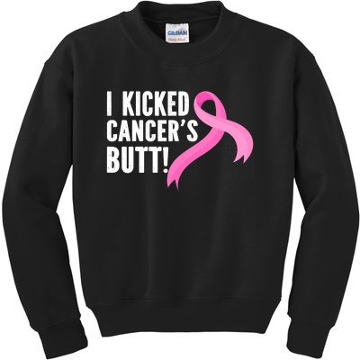 Funny Breast Cancer I Kicked Cancers Butt Design Kids Sweatshirt