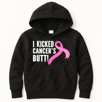 Funny Breast Cancer I Kicked Cancers Butt Design Kids Hoodie