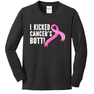 Funny Breast Cancer I Kicked Cancers Butt Design Kids Long Sleeve Shirt