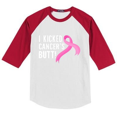 Funny Breast Cancer I Kicked Cancers Butt Design Kids Colorblock Raglan Jersey