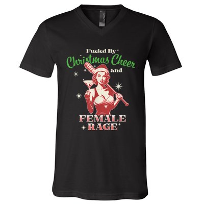 Fueled By Christmas Cheer And Female Rage Funny Liberal V-Neck T-Shirt