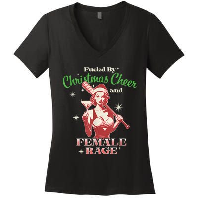 Fueled By Christmas Cheer And Female Rage Funny Liberal Women's V-Neck T-Shirt