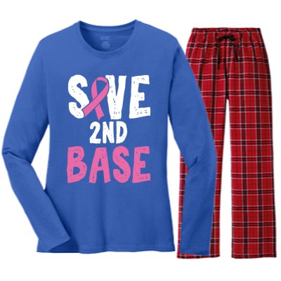 Funny Breast Cancer Awareness Month Save Second 2nd Base Gift Women's Long Sleeve Flannel Pajama Set 