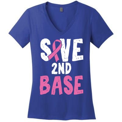 Funny Breast Cancer Awareness Month Save Second 2nd Base Gift Women's V-Neck T-Shirt