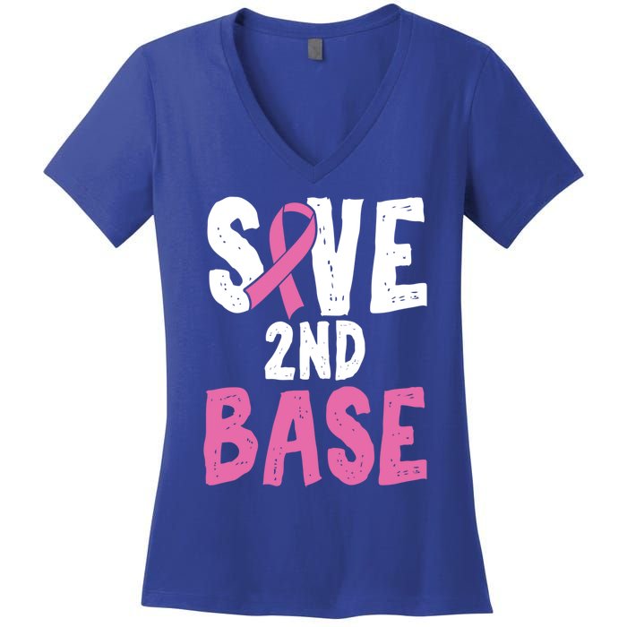 Funny Breast Cancer Awareness Month Save Second 2nd Base Gift Women's V-Neck T-Shirt