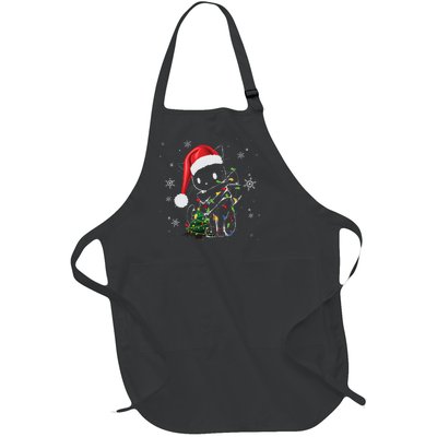 Funny Black Cat Christmas Lights Santa Hat Xmas Full-Length Apron With Pockets