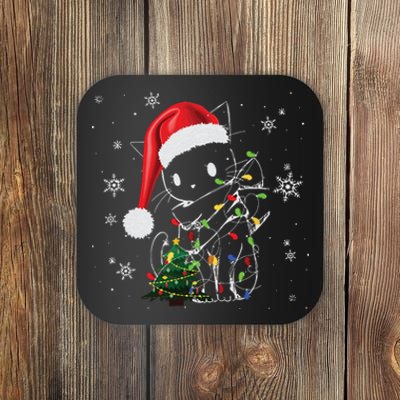 Funny Black Cat Christmas Lights Santa Hat Xmas Coaster