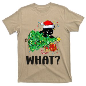 Funny Black Cat Gift Pushing Christmas Tree Over Cat What  T-Shirt