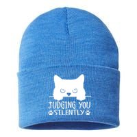 Funny Black Cat Judging You Silently Sarcastic Cat Mom Cute Gift Sustainable Knit Beanie