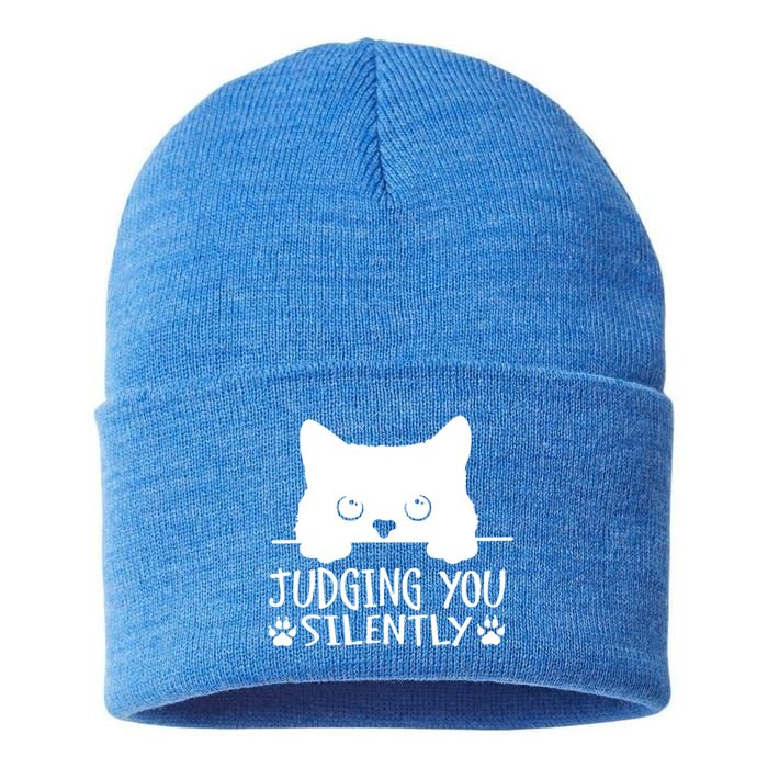 Funny Black Cat Judging You Silently Sarcastic Cat Mom Cute Gift Sustainable Knit Beanie