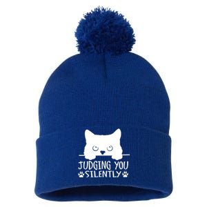 Funny Black Cat Judging You Silently Sarcastic Cat Mom Cute Gift Pom Pom 12in Knit Beanie