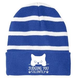 Funny Black Cat Judging You Silently Sarcastic Cat Mom Cute Gift Striped Beanie with Solid Band