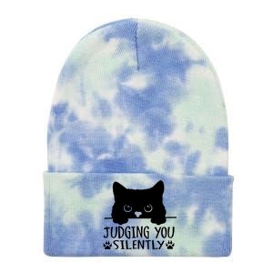 Funny Black Cat Judging You Silently Sarcastic Cat Mom Cute Gift Tie Dye 12in Knit Beanie