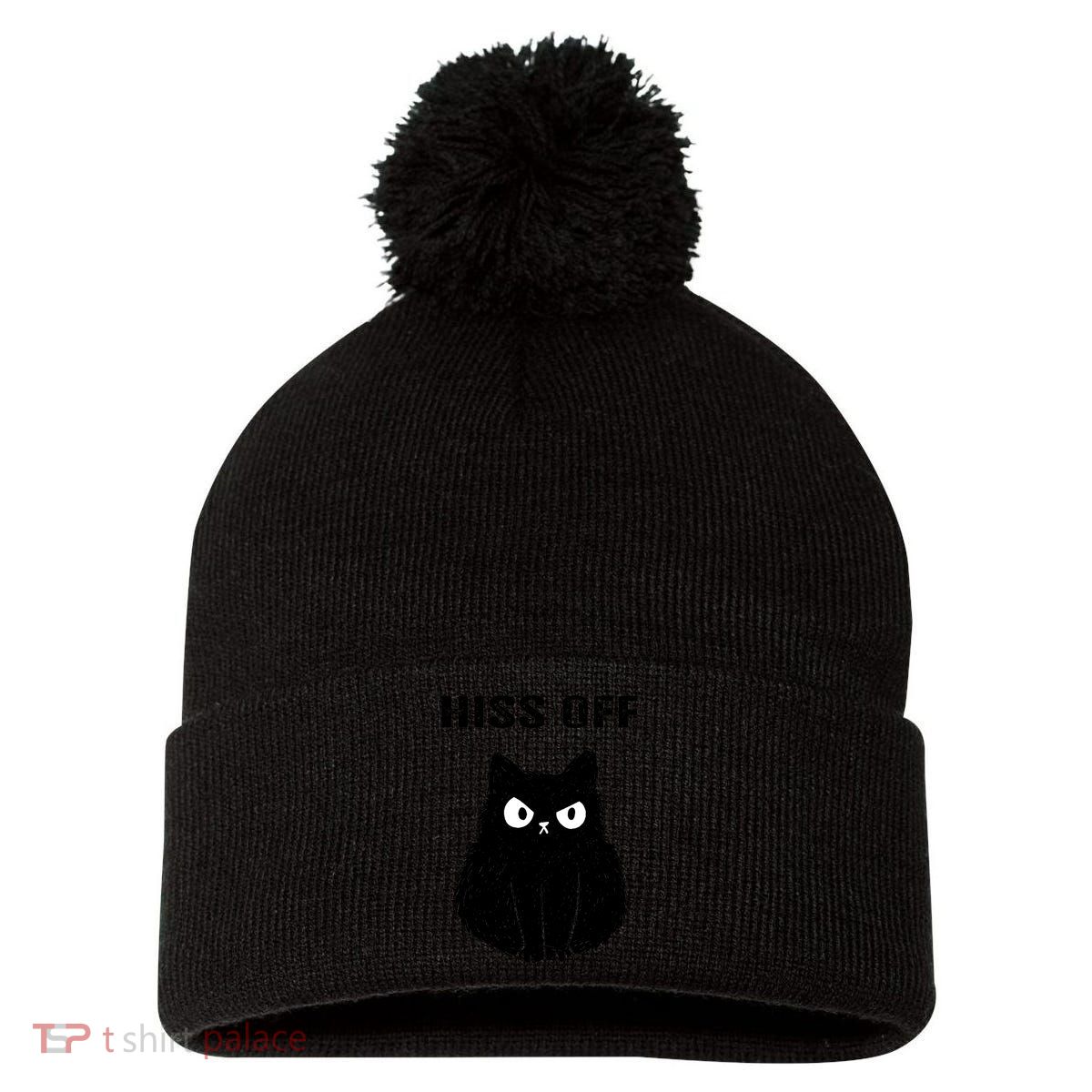 Funny Black Cat Hiss Off Meow Cat Pom Pom 12in Knit Beanie