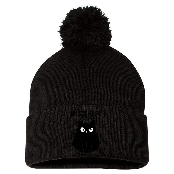Funny Black Cat Hiss Off Meow Cat Pom Pom 12in Knit Beanie