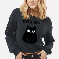 Funny Black Cat Hiss Off Meow Cat Cropped Pullover Crew