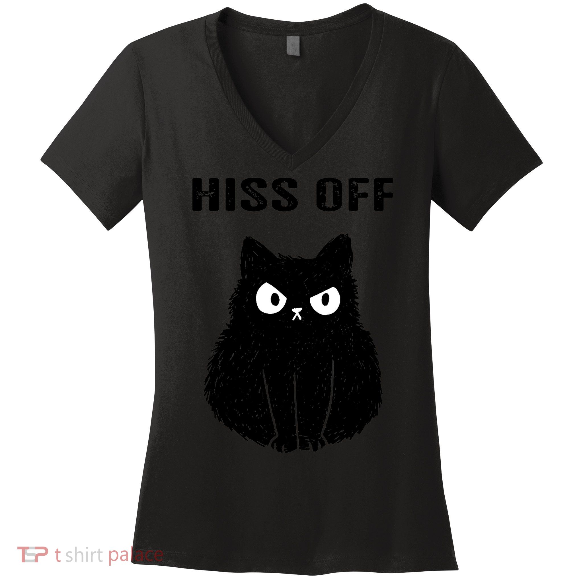 Funny Black Cat Hiss Off Meow Cat Women's V-Neck T-Shirt