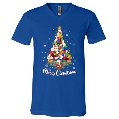 Funny Book Christmas Tree Teachers Bookworm Librarian Xmas Cool Gift V-Neck T-Shirt