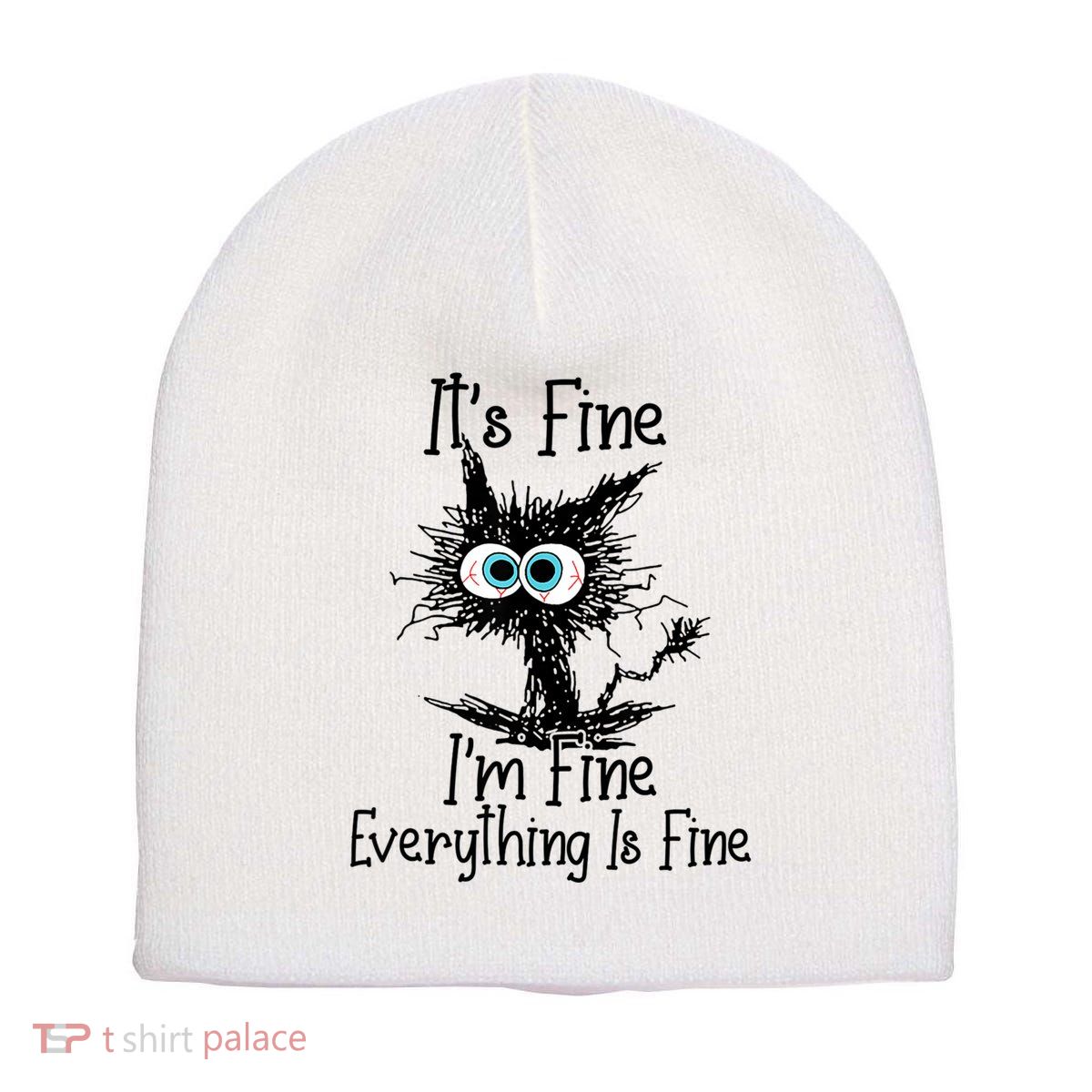 Funny Black Cat ItS Fine IM Fine Everything Is Fine Short Acrylic Beanie