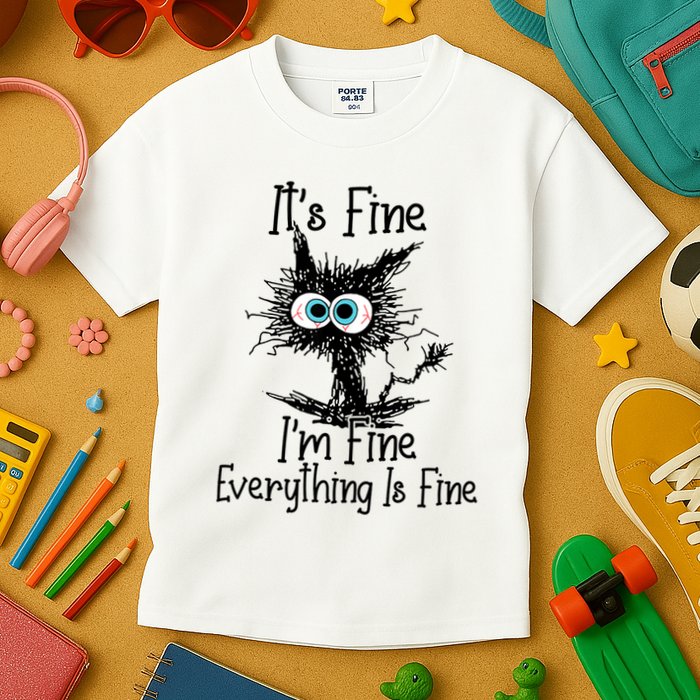 Funny Black Cat ItS Fine IM Fine Everything Is Fine Kids T-Shirt