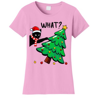 Funny Black Cat Pushing Christmas Tree Over Cat What Women's T-Shirt