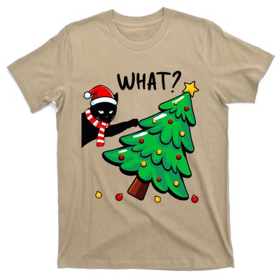 Funny Black Cat Pushing Christmas Tree Over Cat What T-Shirt