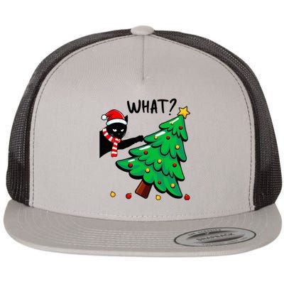 Funny Black Cat Pushing Christmas Tree Over Cat What Flat Bill Trucker Hat