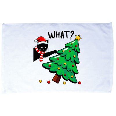 Funny Black Cat Pushing Christmas Tree Over Cat What Microfiber Hand Towel