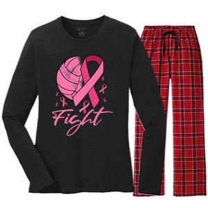 Fight Breast Cancer Volleyball Pink Ribbon Awareness Women's Long Sleeve Flannel Pajama Set 