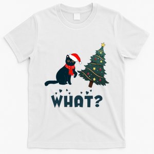 Funny Black Cat Pushing Christmas Tree Over Cat What? T-Shirt