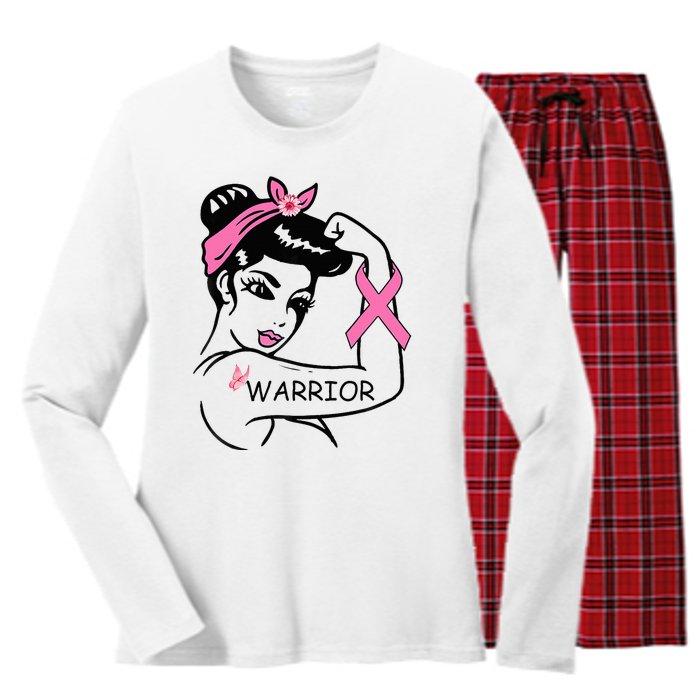 Fighting Breast Cancer Warrior Rosie Riveter Women Gift Women's Long Sleeve Flannel Pajama Set 