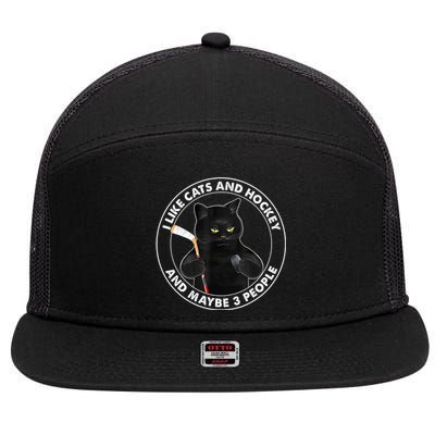 Funny Black Cat I Like Cats And Hockey And Maybe 3 People Gift 7 Panel Mesh Trucker Snapback Hat