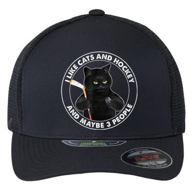 Funny Black Cat I Like Cats And Hockey And Maybe 3 People Gift Flexfit Unipanel Trucker Cap