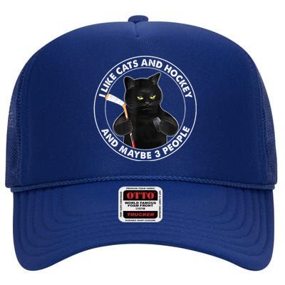 Funny Black Cat I Like Cats And Hockey And Maybe 3 People Gift High Crown Mesh Back Trucker Hat