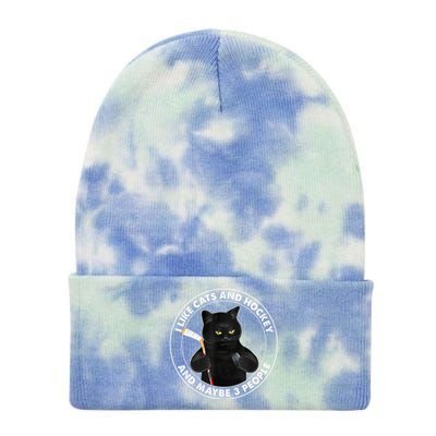 Funny Black Cat I Like Cats And Hockey And Maybe 3 People Gift Tie Dye 12in Knit Beanie