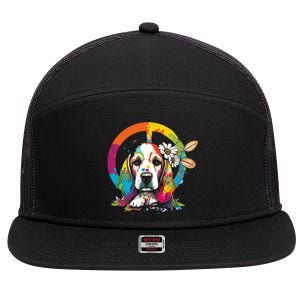 Funny Beagle Dog Hippie 7 Panel Mesh Trucker Snapback Hat